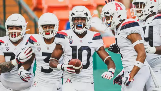 Arizona Wildcats wide receiver Jamarye Joiner (10) roars after his wide open touchdown during the Arizona Wildcats vs. Hawaii Rainbow Warriors college football game 8/24/19 at Aloha Stadium in Honolulu, HI.Photo by Mike Christy / Arizona Athletics