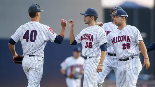 Arizona Wildcats George Arias Jr. (36), Arizona Wildcats Quinn Flanagan (40), Arizona Wildcats Vince Vannelle (26), Arizona Wildcats baseball vs. Rhode Island, Game 1 2/29/20 in Tucson, Ariz.Photo by Simon Asher / Arizona Athletics