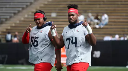 Arizona Wildcats offensive lineman Paiton Fears (74), Arizona Wildcats offensive lineman Josh Donovan (56), Arizona Wildcats football vs. Colorado 10/5/19 in Tucson, Ariz.Photo by Mike Christy / Arizona Athletics