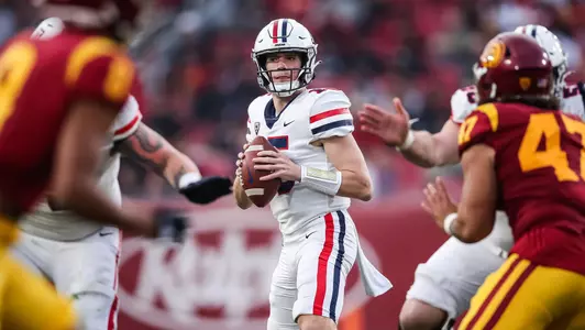 quarterback Will Plummer (15) — LOS ANGELES, CALIF. -- Arizona vs. USC college football at the L.A. Memorial Coliseum.Oct. 30, 2021. Photo by Mike Christy / Arizona Athletics