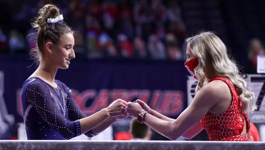 Mackenzie Barile, Taylor Spears — TUCSON, ARIZ. -- Arizona Gymnastics vs. Washington at McKale Center. Feb. 20, 2021. Photo by Simon Asher / Arizona Athletics