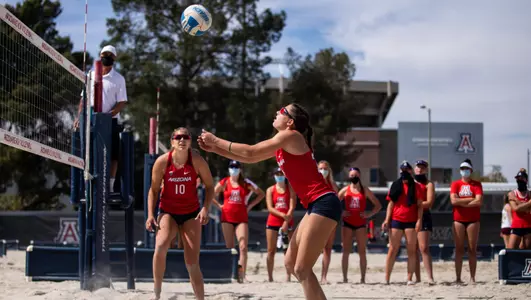Alex Parkhurst (10), Sarah Blacker (21) — TUCSON, ARIZ. -- Beach Volleyball vs. Boise State.March 7, 2021. Photo by Ary Frank / Arizona Athletics