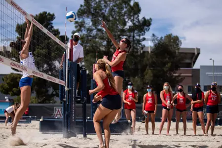 Alex Parkhurst (10), Sarah Blacker (21) — TUCSON, ARIZ. -- Beach Volleyball vs. Boise State.March 7, 2021. Photo by Ary Frank / Arizona Athletics