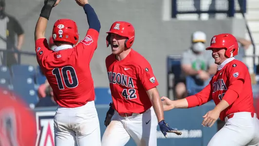 Ryan Holgate, Jacob Blas, Branden Boissiere --- TUCSON, ARIZ. -- Baseball vs. Oregon March 27, 2021. Photo by Mike Mattina /