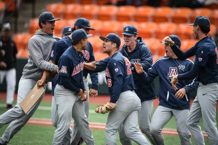 Vince Vannelle celebrates after recording the final out of the 2021 Pac-12 finale at Oregon State
