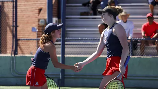 Kayla Wilkins, Kirsten Prelle — TUCSON, ARIZ. -- Women’s Tennis vs. NAU at Robson Tennis Center Feb. 18, 2022. Photo by Madison Farwell / Arizona Athletics