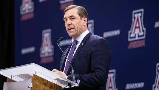 AD Dave Heeke Speaks at Tommy Lloyd's Intro Press Conference in McKale Center