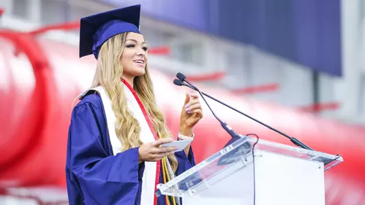 Courtney Cowles — TUCSON, ARIZ -- 2021 Student-Athlete Convocation at the Cole and Jeannie Davis Sports Center.May 13, 2021. Photo by Mike Christy / Arizona Athletics