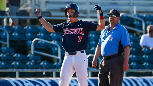 Mac Bingham celebrates after knocking an RBI triple. SCOTTSDALE, ARIZ. -- Baseball vs. Arizona State in the 2022 Pac-12 Baseball Tournament at Scottsdale Stadium.May 27, 2022. Photo by Mike Christy / Arizona Athletics