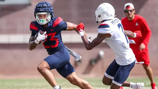 running back Stevie Rocker, Jr. (23), cornerback Ephesians Prysock (7) — TUCSON, ARIZ. -- Football Fall Camp, Day 8Aug. 12, 2022. Photo by Mike Christy / Arizona Athletics