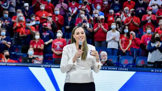 Adia Barnes addresses the McKale crowd during 2021-22 season