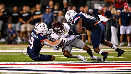 defensive back Gunner Maldonado (9), linebacker Jerry Roberts (48) ' TUCSON, ARIZ. -- Football vs. Mississippi State at Arizona Stadium.Sept. 10, 2022.Photo by Isaiah Willhoite / Arizona Athletics