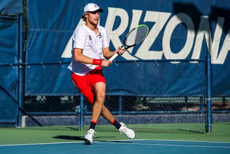 Jonas Ziverts â?? TUCSON, ARIZ. -- Menâ??s tennis vs. No. 5 Texas
Jan. 21, 2022.
Photo by Mike Christy / Arizona Athletics