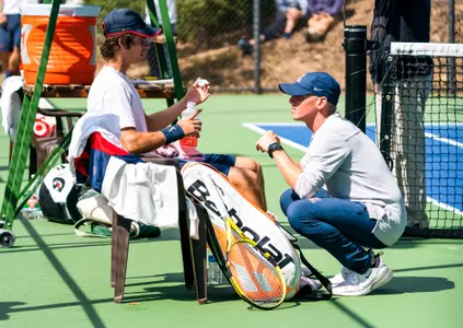 Bryce Warren, assistant coach, Nick Lagaev â?? OJAI, CALIF. -- Menâ??s tennis competes in the Pac-12 Championships.
April 21, 2022.
Photo by Jeff Liang