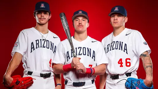 Chris Barraza, Mac Bingham, Bradon Zastrow - TUCSON, ARIZ. -- Baseball new white uniform studio shoot.
Jan. 9, 2023.
Photo by Mike Christy / Arizona Athletics