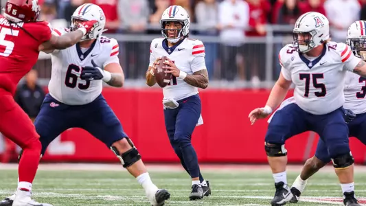 quarterback Noah Fifita (11), offensive lineman Leif Magnuson (65), offensive lineman Josh Baker (75) - PULLMAN, WASH. -- Football vs. Washington State at Gesa Field at Martin Stadium.
Oct. 14, 2023.
Photo by Mike Christy / Arizona Athletics