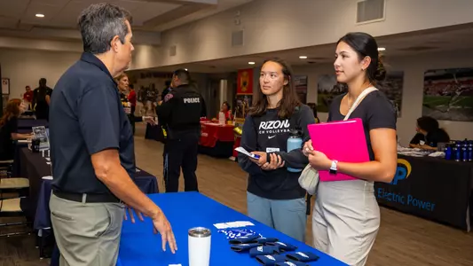 Olivia Rubio, Maki Bispham - TUCSON, ARIZ. -- Student Athlete Career Networking Night at the Dunlap Club.
Oct. 9, 2023.
Photo by Mike Christy / Arizona Athletics