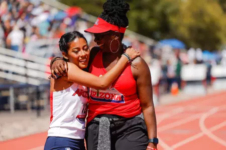Camila Aguilar-Perez, Francesca Green, assistant coach - TUCSON, ARIZ. -- Track & Field at Willie Williams Classic.
March 25, 2023.
Photo by Ary Frank / Arizona Athletics