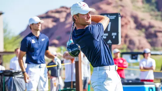 Sam Sommerhauser hits a tee shot on the first hole of the final day of the 2023 Thunderbird Collegiate.