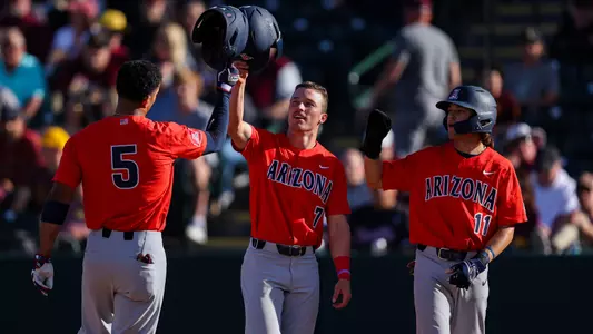 Chase Davis, Mac Bingham, Nik McClaughry -PHOENIX, ARIZ. -- Baseball vs ASU Game 3 at Phoenix Municipal Stadium.
March 26, 2023.
Photo by Marison Bilagody / Arizona Athletics