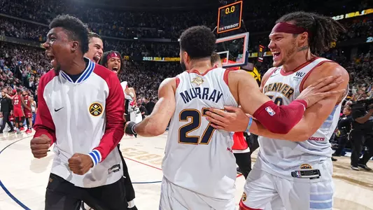 DENVER, CO - JUNE 12: The Denver Nuggets celebrate after winning Game Five of the 2023 NBA Finals against the Miami Heat on June 12, 2023 at Ball Arena in Denver, Colorado. NOTE TO USER: User expressly acknowledges and agrees that, by downloading and or using this Photograph, user is consenting to the terms and conditions of the Getty Images License Agreement. Mandatory Copyright Notice: Copyright 2023 NBAE (Photo by Garrett Ellwood/NBAE via Getty Images)