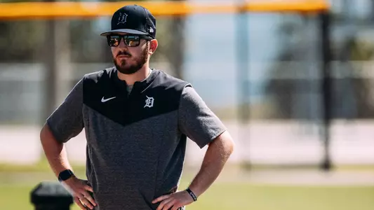 John DeRouin at a spring training workout at Joker Marchant Stadium in Lakeland, Florida on February 22, 2023. (Allison Farrand / Detroit Tigers)