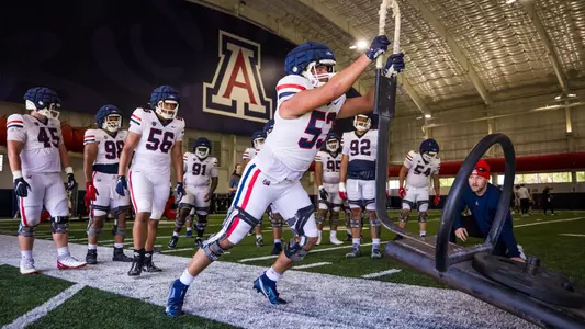 defensive end Christian Madoski (53), Teddy Bolin, defensive graduate assistant - TUCSON, ARIZ. -- Football Fall Camp, day 6.
Aug. 8, 2023.
Photo by Mike Christy / Arizona Athletics