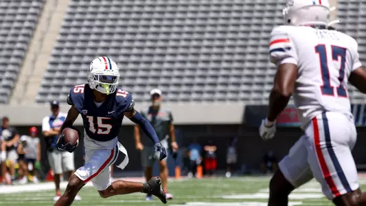wide receiver Carlos Wilson (15), defensive back Charles Yates, Jr. (17) - TUCSON, ARIZ. -- Football Scrimmage #1 at the Arizona Stadium
Aug. 12, 2023.
Photo by Catherine Regan / Arizona Athletics
