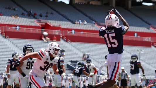 safety Jax Stam (30), wide receiver Carlos Wilson (15) - TUCSON, ARIZ. -- Football Scrimmage #1 at the Arizona Stadium
Aug. 12, 2023.
Photo by Catherine Regan / Arizona Athletics