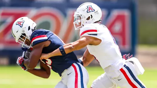 safety Isaiah Taylor (4), wide receiver Jaden Clark (13) - TUCSON, ARIZ. -- Football fall practice #11 at Dick Tomey Fields.
Aug. 15, 2023.
Photo by Rebecca Sasnett / Arizona Athletics