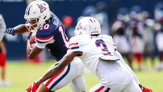 wide receiver Malachi Riley (10), cornerback Dylan Wyatt (3) - TUCSON, ARIZ. -- Football fall practice #11 at Dick Tomey Fields.
Aug. 15, 2023.
Photo by Rebecca Sasnett / Arizona Athletics