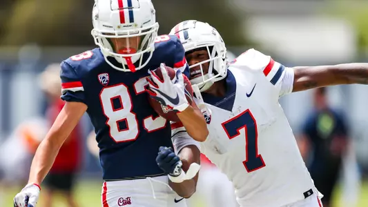 cornerback Ephesians Prysock (7), wide receiver Sam Graci-Glazer (83) - TUCSON, ARIZ. -- Football fall practice #11 at Dick Tomey Fields.
Aug. 15, 2023.
Photo by Rebecca Sasnett / Arizona Athletics