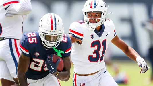 safety Cruz Rushing (31), wide receiver Chris Hunter (25) - TUCSON, ARIZ. -- Football fall practice #11 at Dick Tomey Fields.
Aug. 15, 2023.
Photo by Rebecca Sasnett / Arizona Athletics