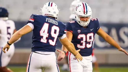 long snapper Kameron Hawkins (39), punter Jordan Forbes (49) - TUCSON, ARIZ. -- Football mock game practice at Arizona Stadium.
Aug. 19, 2023.
Photo by Rebecca Sasnett / Arizona Athletics