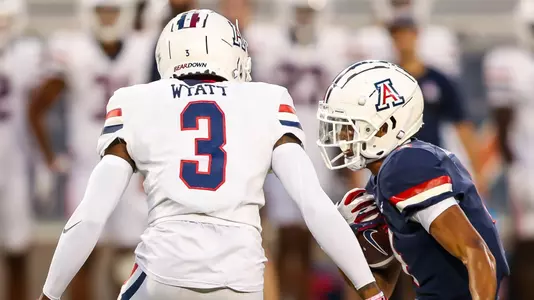 cornerback Dylan Wyatt (3), wide receiver Tetairoa McMillan (4) - TUCSON, ARIZ. -- Football mock game practice at Arizona Stadium.
Aug. 19, 2023.
Photo by Rebecca Sasnett / Arizona Athletics