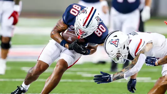 wide receiver Devin Hyatt (80), defensive back Gunner Maldonado (9) - TUCSON, ARIZ. -- Football mock game practice at Arizona Stadium.
Aug. 19, 2023.
Photo by Rebecca Sasnett / Arizona Athletics