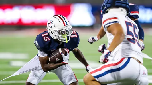 wide receiver Carlos Wilson (15) - TUCSON, ARIZ. -- Football mock game practice at Arizona Stadium.
Aug. 19, 2023.
Photo by Rebecca Sasnett / Arizona Athletics
