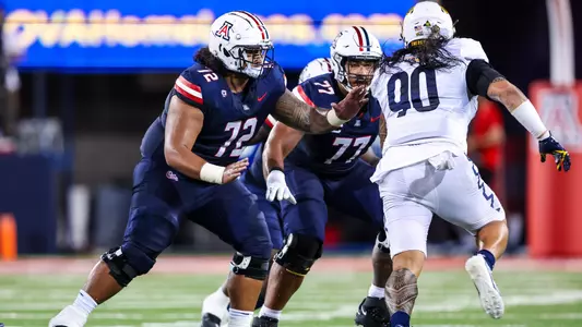 offensive lineman Wendell Moe (72), offensive lineman Jordan Morgan (77) - TUCSON, ARIZ. -- Football vs. Northern Arizona University at Arizona Stadium.
Sept. 2, 2023.
Photo by Mike Christy / Arizona Athletics