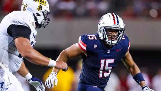 linebacker Daniel Heimuli (15) - TUCSON, ARIZ. -- Football vs. Northern Arizona University at Arizona Stadium.
Sept. 2, 2023.
Photo by Mike Christy / Arizona Athletics