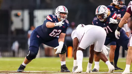 offensive lineman Joseph Borjon (62), tight end Tanner McLachlan (84), offensive lineman Jonah Savaiinaea (71) - STARKVILLE, MISS. -- Football vs. Mississippi State at Davis Wade Stadium.
Sept. 9, 2023.
Photo by Mike Christy / Arizona Athletics