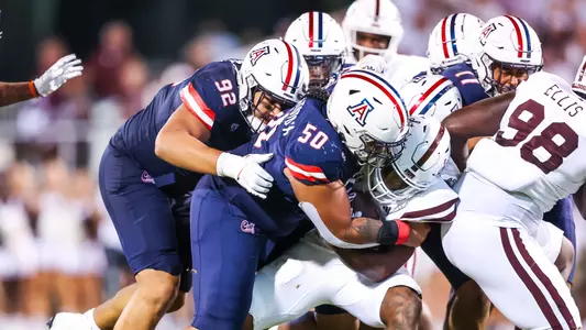 defensive lineman Sio Nofoagatoto'a (50), defensive lineman Tyler Manoa (92) - STARKVILLE, MISS. -- Football vs. Mississippi State at Davis Wade Stadium.
Sept. 9, 2023.
Photo by Mike Christy / Arizona Athletics