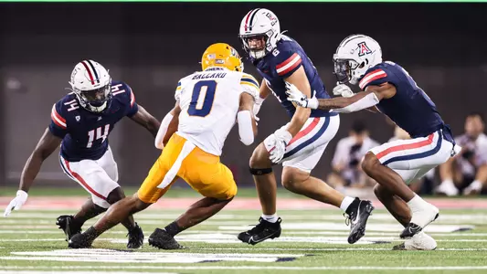linebacker Taye Brown (6), safety DJ Warnell Jr. (14), cornerback Ephesians Prysock (7) - TUCSON, ARIZ. -- Football vs. UTEP at Arizona Stadium.
Sept. 16, 2023.
Photo by Mike Christy / Arizona Athletics