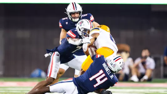 safety DJ Warnell Jr. (14), linebacker Taye Brown (6), cornerback Ephesians Prysock (7) - TUCSON, ARIZ. -- Football vs. UTEP at Arizona Stadium.
Sept. 16, 2023.
Photo by Mike Christy / Arizona Athletics
