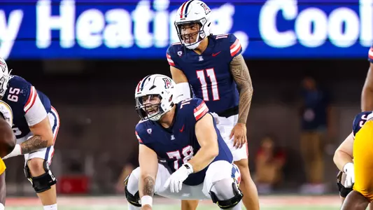 offensive lineman Grayson Stovall (78), quarterback Noah Fifita (11) - TUCSON, ARIZ. -- Football vs. UTEP at Arizona Stadium.
Sept. 16, 2023.
Photo by Mike Christy / Arizona Athletics