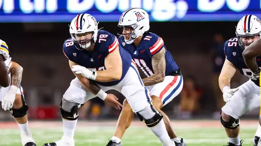 offensive lineman Grayson Stovall (78), quarterback Noah Fifita (11), offensive lineman JT Hand (55) - TUCSON, ARIZ. -- Football vs. UTEP at Arizona Stadium.
Sept. 16, 2023.
Photo by Mike Christy / Arizona Athletics