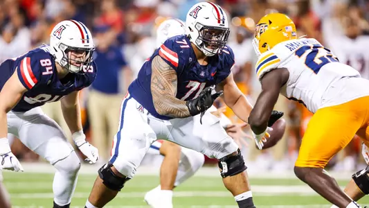 offensive lineman Jonah Savaiinaea (71), tight end Tanner McLachlan (84) - TUCSON, ARIZ. -- Football vs. UTEP at Arizona Stadium.
Sept. 16, 2023.
Photo by Mike Christy / Arizona Athletics