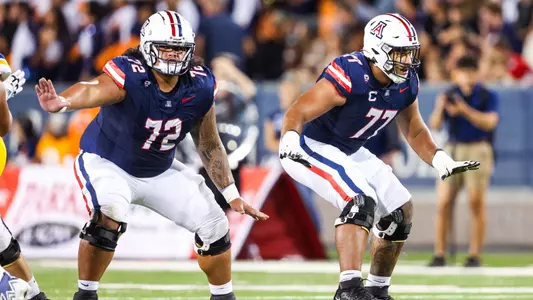 offensive lineman Wendell Moe (72), offensive lineman Jordan Morgan (77) - TUCSON, ARIZ. -- Football vs. UTEP at Arizona Stadium.
Sept. 16, 2023.
Photo by Mike Christy / Arizona Athletics