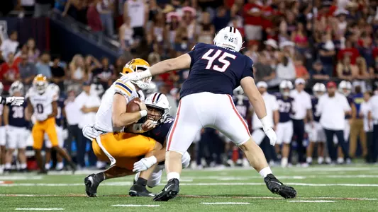 defensive lineman Bill Norton (45), defensive lineman Tyler Manoa (92) - TUCSON, ARIZ. -- Football vs University of Texas - El Paso at the Arizona Football Stadium
Sept. 16, 2023.
Photo by Catherine Regan / Arizona Athletics