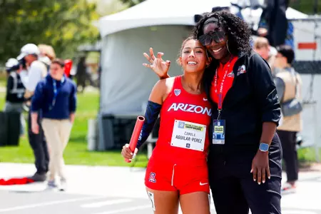 Camila Aguilar-Perez, Francesca Green, assistant coach - BOULDER, COLO. -- Track & Field competes in the 2024 Pac-12 Championships at Potts Field.
May 12, 2024.
Photo by Michael Ciaglo / for Arizona Athletics