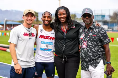Trayvion White-Austin, Francesca Green, Associate Head Coach, Trevor Volpe, volunteer assistant coach, Fred Harvey, Director of Cross Country/Track and Field - TUCSON, ARIZ. -- Track and Field during the Willie Williams Classic day 2 at
March 23, 2024.
Photo by Rebecca Sasnett / Arizona Athletics
